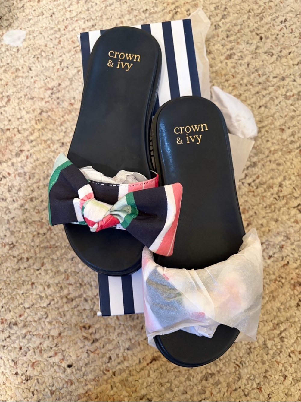 crown & ivy Black Slides with Multicolor Striped Bow